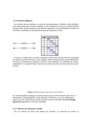 3.1.2.2 Motores Bipolares
  Los motores de paso bipolares, ya sean de imán permanente o híbridos, están diseñados
de la misma forma que un motor unipolar, la única diferencia es que ya no tienen terminal
central común. Están formados por dos bobinas separadas y cuyas polaridades necesitan ser
invertidas o cambiadas en cada operación para que haga girar el rotor.




  El motor es simple, pero el circuito manejador o driver que necesita invertir la polaridad
de cada par de polos del motor es mas complejo. Dicho circuito permite que la polaridad de
la fuente de alimentación aplicada al final de cada bobinado sea controlada de manera
independiente. La siguiente figura muestra la secuencia de pulsos necesaria para hacer girar
el motor.




                    Figura 3.4: Secuencia de control de un motor bipolar.

Los motores bipolares manejan la misma secuencia que un motor unipolar, pero los 0 y 1
corresponden a la polaridad del voltaje aplicado a las bobinas, ya no son simplemente
signos de on-off. Cada bobina necesita su propio circuito controlador llamado H-bridge
(puente H) disponibles en circuitos integrados.


3.1.2.3 Motores de reluctancia variable
 Son los motores de pasos más simples de controlar. La secuencia de control es
 