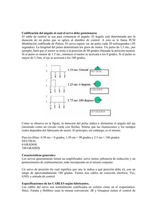 Codificación del ángulo al cual el servo debe posicionarse
El cable de control se usa para comunicar el ángulo. El ángulo está determinado por la
duración de un pulso que se aplica al alambre de control. A esto se le llama PCM
Modulación codificada de Pulsos. El servo espera ver un pulso cada 20 milisegundos (.02
segundos). La longitud del pulso determinará los giros de motor. Un pulso de 1.5 ms., por
ejemplo, hará que el motor se torne a la posición de 90 grados (llamado la posición neutra).
Si el pulso es menor de 1.5 ms., entonces el motor se acercará a los 0 grados. Si el pulso es
mayor de 1.5ms, el eje se acercará a los 180 grados.




Como se observa en la figura, la duración del pulso indica o dictamina el ángulo del eje
(mostrado como un círculo verde con flecha). Nótese que las ilustraciones y los tiempos
reales dependen del fabricante de motor. El principio, sin embargo, es el mismo.

Para los Hitec: 0.50 ms = 0 grados, 1.50 ms = 90 grados y 2.5 ms = 180 grados.
NEUTRAL
0 GRADOS
180 GRADOS

Características generales:
Los servos generalmente tienen un amplificador, servo motor, piñonería de reducción y un
potenciómetro de realimentación; todo incorporado en el mismo conjunto.

Un servo de posición (lo cual significa que uno le indica a qué posición debe ir), con un
rango de aproximadamente 180 grados. Tienen tres cables de conexión eléctrica; Vcc,
GND, y entrada de control.

Especificaciones de los CABLES según fabricantes.
Los cables del servo son normalmente codificados en colores como en el esquemático.
Hitec, Futaba y Hobbico usan la misma convención. JR y Graupner tienen el control de
 