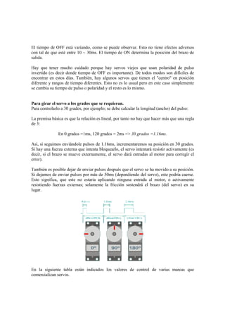 El tiempo de OFF está variando, como se puede observar. Esto no tiene efectos adversos
con tal de que esté entre 10 ~ 30ms. El tiempo de ON determina la posición del brazo de
salida.

Hay que tener mucho cuidado porque hay servos viejos que usan polaridad de pulso
invertido (es decir donde tiempo de OFF es importante). De todos modos son difíciles de
encontrar en estos días. También, hay algunos servos que tienen el "centro" en posición
diferente y rangos de tiempo diferentes. Esto no es lo usual pero en este caso simplemente
se cambia su tiempo de pulso o polaridad y el resto es lo mismo.


Para girar el servo a los grados que se requieran.
Para controlarlo a 30 grados, por ejemplo; se debe calcular la longitud (ancho) del pulso:

La premisa básica es que la relación es lineal, por tanto no hay que hacer más que una regla
de 3:

               En 0 grados =1ms, 120 grados = 2ms => 30 grados =1.16ms.

Así, si seguimos enviándole pulsos de 1.16ms, incrementaremos su posición en 30 grados.
Si hay una fuerza externa que intenta bloquearlo, el servo intentará resistir activamente (es
decir, si el brazo se mueve externamente, el servo dará entradas al motor para corregir el
error).

También es posible dejar de enviar pulsos después que el servo se ha movido a su posición.
Si dejamos de enviar pulsos por más de 50ms (dependiendo del servo), este podría caerse.
Esto significa, que este no estaría aplicando ninguna entrada al motor, o activamente
resistiendo fuerzas externas; solamente la fricción sostendrá el brazo (del servo) en su
lugar.




En la siguiente tabla están indicados los valores de control de varias marcas que
comercializan servos.
 