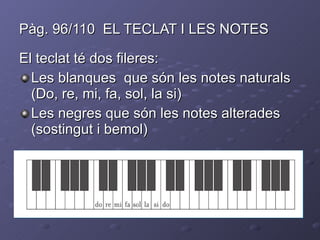 Pàg. 96/110  EL TECLAT I LES NOTES  El teclat té dos fileres: Les blanques  que són les notes naturals (Do, re, mi, fa, sol, la si) Les negres que són les notes alterades (sostingut i bemol) 