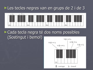 Les tecles negres van en grups de 2 i de 3 Cada tecla negra té dos noms possibles (Sostingut i bemol) 