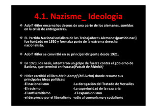 4.1.	
  Nazisme_	
  Ideologia	
  
v  Adolf	
  Hitler	
  encarna	
  los	
  deseos	
  de	
  una	
  parte	
  de	
  los	
  alemanes,	
  sumidos	
  
en	
  la	
  crisis	
  de	
  entreguerras.	
  
	
  
v  EL	
  Par6do	
  Nacionalsocialista	
  de	
  los	
  Trabajadores	
  Alemanes(par6do	
  nazi)	
  
fue	
  fundado	
  en	
  1920	
  y	
  formaba	
  parte	
  de	
  la	
  extrema	
  derecha	
  
nacionalista.	
  
	
  
v  Adolf	
  Hitler	
  se	
  convir6ó	
  en	
  su	
  principal	
  dirigente	
  desde	
  1921.	
  
	
  
v  En	
  1923,	
  los	
  nazis,	
  intentaron	
  un	
  golpe	
  de	
  fuerza	
  contra	
  el	
  gobierno	
  de	
  
Baviera,	
  que	
  terminó	
  en	
  fracaso(Putsch	
  de	
  Múnich)	
  	
  
	
  
v  Hitler	
  escribió	
  el	
  libro	
  Mein	
  Kampf	
  (Mi	
  lucha)	
  donde	
  resume	
  sus	
  
principales	
  ideas	
  polí6cas:	
  
	
  	
  	
  	
  	
  -­‐El	
  nacionalismo	
  	
  	
  	
  	
   	
   	
  -­‐La	
  derogación	
  del	
  Tratado	
  de	
  Versalles	
  
	
  	
  	
  	
  	
  -­‐El	
  racismo 	
   	
   	
  -­‐La	
  superioridad	
  de	
  la	
  raza	
  aria	
  
	
  	
  	
  	
  	
  -­‐El	
  an6semi6smo	
  	
  	
  	
  	
  	
  	
  	
  	
   	
   	
  	
  -­‐El	
  expansionismo	
  
	
  	
  	
  	
  	
  -­‐el	
  desprecio	
  por	
  el	
  liberalismo	
  	
  -­‐odio	
  al	
  comunismo	
  y	
  socialismo	
  
	
  
	
  
 