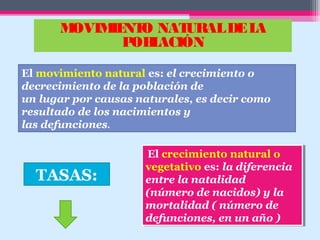 MOVIMIENTO NATURALDELA
POBLACIÓN
El movimiento natural es: el crecimiento o
decrecimiento de la población de
un lugar por causas naturales, es decir como
resultado de los nacimientos y
las defunciones.
El crecimiento natural o
vegetativo es: la diferencia
entre la natalidad
(número de nacidos) y la
mortalidad ( número de
defunciones, en un año )
El crecimiento natural o
vegetativo es: la diferencia
entre la natalidad
(número de nacidos) y la
mortalidad ( número de
defunciones, en un año )
TASAS:
 