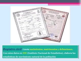 Registro civil: Anota nacimientos, matrimonios y defunciones.
Con estos datos en INE (Instituto Nacional de Estadística), elabora las
estadísticas de movimiento natural de la población
Registro civil: Anota nacimientos, matrimonios y defunciones.
Con estos datos en INE (Instituto Nacional de Estadística), elabora las
estadísticas de movimiento natural de la población
 