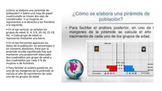 ¿Cómo se elabora una pirámide de
población? • Sobre una hoja de papel
cuadriculado se trazan dos ejes de
coordenadas. • La mujeres se
representan a la derecha y los hombres
a la izquierda
• En el eje vertical, se señalan los
grupos de edad: 0- 4, 5-9, 10-14, 15-19,
etc. • Cada grupo de edad se
representa mediante una barra.
• En el eje horizontal aparecen los
datos de la población: en porcentajes o
en números absolutos. Para que la
pirámide resulte equilibrada hay que
mantener una proporción adecuada:
dos cuadraditos por grupo de edad y
dos cuadraditos por cada 5 % de
mujeres o de hombres.
• Para facilitar el análisis posterior, en
uno de los márgenes de la pirámide se
calcula el año de nacimiento de cada
uno de los grupos de edad.
 