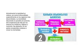 Actualmente la natalidad se
reduce, así como la fecundidad,
especialmente en las regiones más
desarrolladas. La mortalidad
desciende en paralelo al aumento
de la esperanza de vida por los
avances en medicina, higiene y
nutrición. No obstante, en los
países envejecidos empieza a
crecer la mortalidad.
 