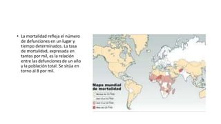 • La mortalidad refleja el número
de defunciones en un lugar y
tiempo determinados. La tasa
de mortalidad, expresada en
tantos por mil, es la relación
entre las defunciones de un año
y la población total. Se sitúa en
torno al 8 por mil.
 