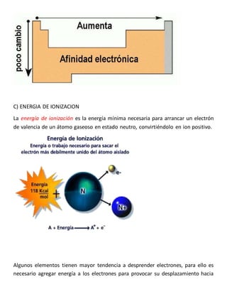 C) ENERGIA DE IONIZACION 
La energía de ionización es la energía mínima necesaria para arrancar un electrón 
de valencia de un átomo gaseoso en estado neutro, convirtiéndolo en ion positivo. 
Algunos elementos tienen mayor tendencia a desprender electrones, para ello es 
necesario agregar energía a los electrones para provocar su desplazamiento hacia 
 