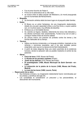 I.E.S. RODRIGO CARO DEPARTAMENTO DE GEOGRAFÍA E HISTORIA
CORIA DEL RÍO HISTORIA DEL ARTE. 2º BACHILLERATO
• Fue el pintor favorito de Felipe II.
• Firma con la abreviatura de su villa natal .
• se mueve entre la sátira popular del Medioevo y la moral propugnada
por los humanistas del Renacimiento.
Biografía
• Su formación artística debió de tener lugar en el pequeño taller familiar.
Estilo:
• El Bosco es un pintor fantasioso, de una imaginación desbordante,
dotado de una gran capacidad crítica y una fina ironía, y cuyos cuadros
son, en muchos casos, muy difíciles de descifrar.
• El Bosco es un formidable técnico
• Su colorido es fogoso, idealista, obteniendo los tonos más delicados y
los efectos luminosos más sorprendentes. Funde la luz con el color y
consigue medias tintas de enorme calidad.
• Su pintura marca una posición de protesta contra los temas y las
formas habituales de su tiempo.
Técnica:
• Utiliza una técnica miniaturista y un lenguaje simbólico, inspirado en los
refranes y canciones populares, que a los ojos actuales parece
enigmático, pero que en su época era de fácil interpretación.
• A partir de estas alegorías forja una visión pesimista de la existencia
humana, donde la salvación sólo es posible mediante el control de las
pasiones.
Obras:
• Carro de heno (1500, Museo del Prado).
• La Rueda de los pecados capitales (Prado)
• Jardín de las delicias (1510, Museo del Prado)
• El prestidigitador (1480, Museo Municipal de Saint Germain –en-
Laye)
• La extracción de la piedra de la locura (1480, Museo del Prado,
Madrid)
• La nave de los locos (1490, Louvre, París)
o Repercusión de su obra:
Sus fantasías oníricas y su imaginación desbordante fueron reivindicadas por
los artistas y científicos del siglo XX.
Los surrealistas le consideraron un precursor y los psicoanalistas, el
descubridor del inconsciente.
 