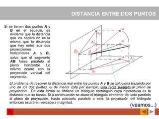 DISTANCIA ENTRE DOS PUNTOS
Si se tienen dos puntos A y
B en el espacio, es
evidente que la distancia
que los separa no es la
misma que la distancia
que hay entre sus dos
proyecciones
horizontales A1
y B1
,
salvo que el segmento
AB fuese paralelo al
plano horizontal. Lo
mismo ocurre con la
proyección vertical del
segmento.
El problema de resolver la distancia real entre los puntos A y B se soluciona trazando por
uno de los dos puntos, el de menor cota por ejemplo, una recta paralela al plano de
proyección . De esta forma se obtiene un triángulo rectángulo cuya hipotenusa es la
distancia que se busca. Si a continuación se abate el triángulo alrededor del lado paralelo
al plano de proyección, hasta colocarlo paralelo a este, la proyección del triángulo
entonces estará en verdadera magnitud.
(veamos...)
 