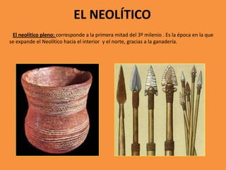 EL NEOLÍTICO
 El neolítico pleno: corresponde a la primera mitad del 3º milenio . Es la época en la que
se expande el Neolítico hacia el interior y el norte, gracias a la ganadería.
 