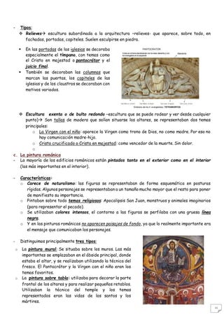 Ciencias Sociales, Geografía e Historia (2º E.S.O)
I.E.S. Virgen de Vico (Arnedo)
11
- Tipos:
 Relieves escultura subordinada a la arquitectura –relieves- que aparece, sobre todo, en
fachadas, portadas, capiteles. Suelen esculpirse en piedra.
 Escultura exenta o de bulto redondo –escultura que se puede rodear y ver desde cualquier
punto) Son tallas de madera que solían situarse los altares, se representaban dos temas
principales:
o La Virgen con el niño: aparece la Virgen como trono de Dios, no como madre. Por eso no
hay comunicación madre-hijo.
o Cristo crucificado o Cristo en majestad: como vencedor de la muerte. Sin dolor.
o
c. La pintura románica
- La mayoría de los edificios románicos están pintados tanto en el exterior como en el interior
(las más importantes en el interior).
- Características:
o Carece de naturalismo: las figuras se representaban de forma esquemática en posturas
rígidas. Algunos personajes se representaban a un tamaño mucho mayor que el resto para poner
de manifiesto su importancia.
o Pintaban sobre todo temas religiosos: Apocalipsis San Juan, monstruos y animales imaginarios
(para representar el pecado).
o Se utilizaban colores intensos, el contorno a las figuras se perfilaba con una gruesa línea
negra.
o Y en las pinturas románicas no aparecen paisajes de fondo, ya que lo realmente importante era
el mensaje que comunicaban los personajes.
- Distinguimos principalmente tres tipos:
o La pintura mural: Se situaba sobre los muros. Las más
importantes se emplazaban en el ábside principal, donde
estaba el altar, y se realizaban utilizando la técnica del
fresco. El Pantocrátor y la Virgen con el niño eran los
temas favoritos.
o La pintura sobre tabla: utilizaba para decorar la parte
frontal de los altares y para realizar pequeños retablos.
Utilizaban la técnica del temple y los temas
representados eran las vidas de los santos y los
mártires.
 En las portadas de las iglesias se decoraba
especialmente el tímpano, con temas como
el Cristo en majestad o pantocrátor y el
juicio final.
 También se decoraban las columnas que
marcan las puertas, los capiteles de las
iglesias y de los claustros se decoraban con
motivos variados.
 