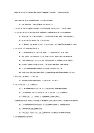 TEMA 9. LAS ACTIVIDADES TERCIARIAS EN LAS ECONOMÍAS DESARROLLADAS.



1 NATURALEZA MULTIDIMENSIONAL DE LOS SERVICIOS.

       1.1 FACTORES DE EXPANSIÓN DE LOS SERVICIOS.

2 CLASIFICACIÓN DE LAS ACTIVIDADES DE SERVICIO. PROPUESTAS Y PROBLEMAS.

3 DESIGUALDADES DEL REPARTO GEOGRÁFICO DE LAS ACTIVIDADES DE SERVICIO.

       3.1 AGRUPACIÓN DE ACTIVIDADES DE SERVICIOS SOBRE BASES GEOGRÁFICAS.

       3.2 DESIGUAL DISTRIBUCIÓN DE SERVICIOS.

       3.3 LA IMPORTANCIA DEL AVANCE DE SERVICIOS EN LOS PAÍSES DESARROLLADOS.

4 LOS SERVICIOS ADMINISTRATIVOS.

       4.1 EL INCREMENTO DE LAS FUNCIONES Y COMPETENCIAS PÚBLICAS.

       4.2 LOS SERVICIOS ADMINISTRATIVOS INTERNACIONALES Y SU DESPLIEGUE.

       4.3 EMPLEO Y GASTO EN SERVICIOS ADMINISTRATIVOS COMO INDICADORES.

       4.4 MODELOS ORGANIZATIVOS DE LA ADMINISTRACIÓN TERRITORIAL.

       4.5 EL SISTEMA URBANO. LAS SEDES DE LA ADMINISTRACIÓN.

       4.6 PROCESOS LOCALES DERIVADOS DE LA CONCENTRACIÓN ADMINISTRATIVA.

5 PODER ECONÓMICO Y SERVICIOS.

       5.1 DISTRIBUCIÓN TERRITORIAL DE LAS SEDES SOCIALES.

6 LOS SERVICIOS A LAS EMPRESAS.

       6.1 LA INTERNACIONALIZACIÓN DE LOS SERVICIOS A LAS EMPRESAS.

       6.2 FACTORES DE LOCALIZACIÓN DE LOS SERVICIOS A LAS EMPRESAS.

       6.3 SERVICIOS A LAS EMPRESAS U DESARROLLO REGIONAL.

7 DISTRIBUCIÓN DE BIENES: COMERCIO INTERIOR E INTERNACIONAL. COMERCIO INTERIOR.

       7.1 FACTORES CONDICIONANTES DE LOS CAMBIOS EN LA DISTRIBUCIÓN.

       7.2 TENDENCIAS DEL COMERCIO.

       7.3 TIPOLOGÍA Y DINÁMICA DEL COMERCIO. COMERCIO INTERNACIONAL.

8 ENTIDADES FINANCIERAS.
 