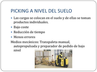 PICKING A NIVEL DEL SUELO
 Las cargas se colocan en el suelo y de ellas se toman
  productos individuales.
 Bajo coste
 Reducción de tiempo
 Menos errores
Medios mecánicos: Transpaleta manual,
  autopropulsada y preparador de pedido de bajo
  nivel
 