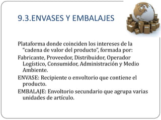 9.3.ENVASES Y EMBALAJES

Plataforma donde coinciden los intereses de la
  “cadena de valor del producto”, formada por:
Fabricante, Proveedor, Distribuidor, Operador
  Logístico, Consumidor, Administración y Medio
  Ambiente.
ENVASE: Recipiente o envoltorio que contiene el
  producto.
EMBALAJE: Envoltorio secundario que agrupa varias
  unidades de artículo.
 