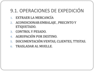 9.1. OPERACIONES DE EXPEDICIÓN
1.   EXTRAER LA MERCANCÍA
2.   ACONDICIONAR:EMBALAJE , PRECINTO Y
     ETIQUETADO.
3.   CONTROL Y PESADO.
4.   AGRUPACIÓN POR DESTINO.
5.   DOCUMENTACIÓN:VENTAS, CLIENTES, TTISTAS.
6.   TRASLADAR AL MUELLE.
 