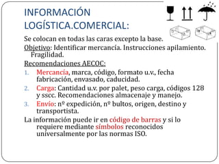 INFORMACIÓN
LOGÍSTICA.COMERCIAL:
Se colocan en todas las caras excepto la base.
Objetivo: Identificar mercancía. Instrucciones apilamiento.
  Fragilidad.
Recomendaciones AECOC:
1. Mercancía, marca, código, formato u.v., fecha
    fabricación, envasado, caducidad.
2. Carga: Cantidad u.v. por palet, peso carga, códigos 128
    y sscc. Recomendaciones almacenaje y manejo.
3. Envío: nº expedición, nº bultos, origen, destino y
    transportista.
La información puede ir en código de barras y si lo
    requiere mediante símbolos reconocidos
    universalmente por las normas ISO.
 