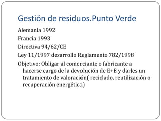 Gestión de residuos.Punto Verde
Alemania 1992
Francia 1993
Directiva 94/62/CE
Ley 11/1997 desarrollo Reglamento 782/1998
Objetivo: Obligar al comerciante o fabricante a
  hacerse cargo de la devolución de E+E y darles un
  tratamiento de valoración( reciclado, reutilización o
  recuperación energética)
 