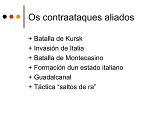 Os contraataques aliados

+ Batalla de Kursk
+ Invasión de Italia
+ Batalla de Montecasino
+ Formación dun estado italiano
+ Guadalcanal
+ Táctica “saltos de ra”
 