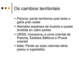 Os cambios territoriais

+ Polonia: perde territorios polo leste e
  gaña polo oeste
+ Alemaña sepárase de Austria e queda
  dividida en catro partes
+ URSS: Incorporou a zona oriental de
  Polonia, Estados Bálticos e Prusia
  oriental
+ Italia: Perde as súas colonias.Istria
  pasou a Iugoslabia.
 