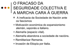 O FRACASO DA
SEGURIDADE COLECTIVA E
A MARCHA CARA Á GUERRA
  A ineficacia da Sociedade de Nación ante
   os fascismos
+ Motivación económica do expansionismo
   alemán, xaponés e italiano.
+ Alemaña (espacio vital).
+ Alemaña abandona a sociedade de nacións.
+ Remilitarizar Remania.
+ Invasión de Etiopía por Italia.
 