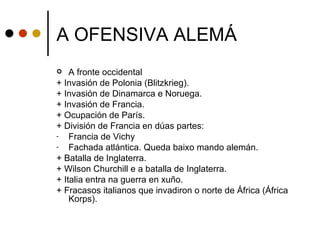 A OFENSIVA ALEMÁ
   A fronte occidental
+ Invasión de Polonia (Blitzkrieg).
+ Invasión de Dinamarca e Noruega.
+ Invasión de Francia.
+ Ocupación de París.
+ División de Francia en dúas partes:
-   Francia de Vichy
-   Fachada atlántica. Queda baixo mando alemán.
+ Batalla de Inglaterra.
+ Wilson Churchill e a batalla de Inglaterra.
+ Italia entra na guerra en xuño.
+ Fracasos italianos que invadiron o norte de África (África
    Korps).
 
