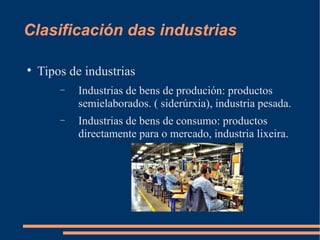 Clasificación das industrias


    Tipos de industrias
        −   Industrias de bens de produción: productos
            semielaborados. ( siderúrxia), industria pesada.
        −   Industrias de bens de consumo: productos
            directamente para o mercado, industria lixeira.
 
