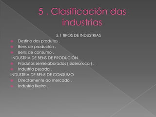 5.1 TIPOS DE INDUSTRIAS
   Destino dos produtos .
   Bens de produción .
   Bens de consumo .
 INDUSTRIA DE BENS DE PRODUCIÓN
   Produtos semielaborados ( siderúrxica ) .
   Industria pesada .
INDUSTRIA DE BENS DE CONSUMO
   Directamente ao mercado .
   Industria lixeira .
 
