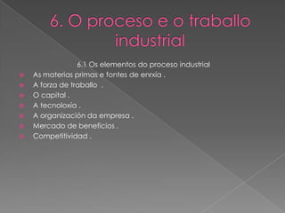 6.1 Os elementos do proceso industrial
   As materias primas e fontes de enrxía .
   A forza de traballo .
   O capital .
   A tecnoloxía .
   A organización da empresa .
   Mercado de beneficios .
   Competitividad .
 