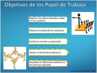 Registrar las labores llevadas a cabo
en una auditoria


Mejorar la calidad de los exámenes



Facilitar la revisión y supervisión



Ayudar al desarrollo profesional


Respaldar el informe de auditoria en
los procesos judiciales

                                        Jaimes Jessica y Osuna Paola - UNEG
 
