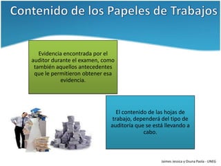 Evidencia encontrada por el
auditor durante el examen, como
 también aquellos antecedentes
 que le permitieron obtener esa
           evidencia.




                                El contenido de las hojas de
                              trabajo, dependerá del tipo de
                             auditoría que se está llevando a
                                           cabo.



                                                 Jaimes Jessica y Osuna Paola - UNEG
 
