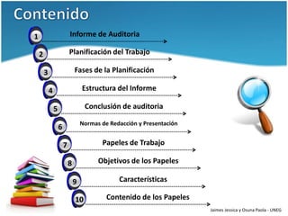 1
3                           Informe de Auditoria

    3
    2                       Planificación del Trabajo

        3                       Fases de la Planificación

            3
            4                       Estructura del Informe

                3
                5                    Conclusión de auditoria

                                    Normas de Redacción y Presentación
                    3
                    6

                        3
                        7                  Papeles de Trabajo

                            3
                            8             Objetivos de los Papeles

                                3
                                9                Características

                                10
                                 3           Contenido de los Papeles
                                                                         Jaimes Jessica y Osuna Paola - UNEG
 
