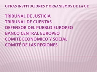 TRIBUNAL DE JUSTICIA
TRIBUNAL DE CUENTAS
DEFENSOR DEL PUEBLO EUROPEO
BANCO CENTRAL EUROPEO
COMITÉ ECONÓMICO Y SOCIAL
COMITÉ DE LAS REGIONES
OTRAS INSTITUCIONES Y ORGANISMOS DE LA UE
 