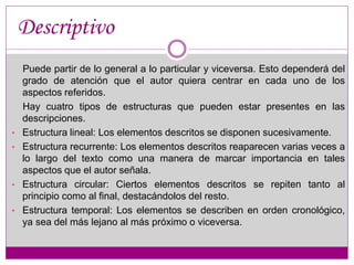 Descriptivo 
Puede partir de lo general a lo particular y viceversa. Esto dependerá del 
grado de atención que el autor quiera centrar en cada uno de los 
aspectos referidos. 
Hay cuatro tipos de estructuras que pueden estar presentes en las 
descripciones. 
• Estructura lineal: Los elementos descritos se disponen sucesivamente. 
• Estructura recurrente: Los elementos descritos reaparecen varias veces a 
lo largo del texto como una manera de marcar importancia en tales 
aspectos que el autor señala. 
• Estructura circular: Ciertos elementos descritos se repiten tanto al 
principio como al final, destacándolos del resto. 
• Estructura temporal: Los elementos se describen en orden cronológico, 
ya sea del más lejano al más próximo o viceversa. 
 