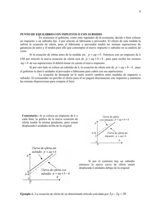4
PUNTO DE EQUILIBRIO CON IMPUESTO O CON SUBSIDIO
En ocasiones el gobierno, como ente regulador de la economía, decide o bien colocar
un impuesto o un subsidio fijo k por artículo al fabricante o proveedor. El efecto de esta medida la
sufrirá la ecuación de oferta, pues el fabricante o proveedor tendrá las mismas aspiraciones de
ganancias de antes y él tendrá para ello que contemplar el nuevo impuesto o subsidio en su análisis de
costo.
Si la ecuación de oferta antes de la medida era baqp += . Entonces con un impuesto de k
UM por artículo la nueva ecuación de oferta será de kbaqp ++= , pues para recibir los mismos
baq + de sus aspiraciones él deberá tomar en cuenta el nuevo impuesto.
Si por otro lado se coloca un subsidio de k, la ecuación de oferta será de kbaqp −+= , pues
el gobierno le dará k unidades al proveedor o fabricante para cubrir con sus aspiraciones.
La ecuación de demanda no le suele ocurrir cambios antes medidas de impuesto o
subsidio. El consumidor no percibe el efecto pues él no pagará directamente este impuesto y mantiene
las mismas disposiciones para comprar el bien.
Ejemplo 1.- La ecuación de oferta de un determinado artículo está dado por 3025 =− qp
Comentario.- Si se coloca un impuesto de k a
cada bien, la gráfica de la nueva ecuación de
oferta tendrá la misma pendiente, pero estará
desplazada k unidades arriba de la original.
Si por el contrario hay un subsidio
entonces la nueva curva de oferta estará
desplazada k unidades debajo de la original
 