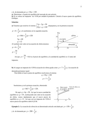 5
y la de demanda por 12010 =+ pq .
a) Determinar el punto de equilibrio del mercado de este artículo
b) Si se coloca un impuesto de 1UM por unidad al productor. Calcule el nuevo punto de equilibrio.
Grafique.
Solución:
a) Tenemos que resolver el sistema



=+
=−
12010
3025
qp
qp
, despejamos p en la primera ecuación
qp
5
2
6 += y la sustituimos en la segunda ecuación.
120)
5
2
6(10 =++ qq
605 =q
12=q
Al sustituir este valor en la ecuación de oferta tenemos:
12
5
2
6 +=p
5
54
=p
Así que
5
54
=p =10,8 es el precio de equilibrio y la cantidad de equilibrio es 12 antes del
impuesto.
b) Al cargar un impuesto de 1UM la ecuación de oferta queda como qp
5
2
7 += y la ecuación de
demanda permanece igual.
Para hallar el nuevo punto de equilibrio resolvemos el sistema
12010 =+ pq
qp
5
2
7 +=
Ejemplo 2.- La ecuación de oferta de un determinado artículo está dado por qp
2
1
150 +=
y la de demanda por qp
3
1
200 −= .
Sustituimos p en la primera ecuación, obteniendo
120)
5
2
7(10 =++ qq .
De aquí 504 =+ qq . Así que la nueva cantidad de
equilibrio es 10=q , sustituyendo este valor en la ecuación
de oferta, vemos rápidamente que el nuevo precio de
equilibrio es 11=p . Así que con un impuesto de 1UM el
nuevo precio de equilibrio subió 0,2UM.
 