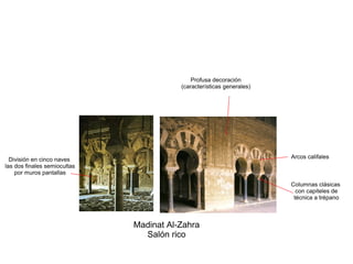 Madinat Al-Zahra
Salón rico
División en cinco naves
las dos finales semiocultas
por muros pantallas
Arcos califales
Columnas clásicas
con capiteles de
técnica a trépano
Profusa decoración
(características generales)
 