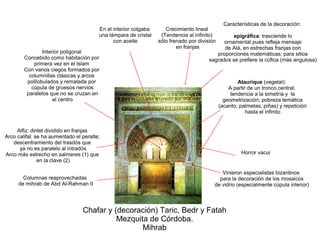 Chafar y (decoración) Taric, Bedr y Fatah
Mezquita de Córdoba.
Mihrab
Características de la decoración:
epigráfica: trasciende lo
ornamental pues refleja mensaje
de Alá, en estrechas franjas con
proporciones matemáticas; para sitios
sagrados se prefiere la cúfica (más angulosa)
Crecimiento lineal
(Tendencia al infinito)
sólo frenado por división
en franjas
Horror vacui
Ataurique (vegetal):
A partir de un tronco central,
tendencia a la simetría y la
geometrización; pobreza temática
(acanto, palmetas, piñas) y repetición
hasta el infinito
Interior poligonal
Concebido como habitación por
primera vez en el Islam
Con vanos ciegos formados por
columnillas clásicas y arcos
polilobulados y rematada por
cúpula de gruesos nervios
paralelos que no se cruzan en
el centro
Vinieron especialistas bizantinos
para la decoración de los mosaicos
de vidrio (especialmente cúpula interior)
Alfiz: dintel dividido en franjas
Arco califal: se ha aumentado el peralte;
descentramiento del trasdós que
ya no es paralelo al intradós
Arco más estrecho en salmeres (1) que
en la clave (2)
1
2
Columnas reaprovechadas
de mihrab de Abd Al-Rahman II
En el interior colgaba
una lámpara de cristal
con aceite
 