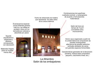 La Alhambra
Salón de los embajadores
Evanescencia espacial:
zonas brillantes penetra
más luz y se refleja en
azulejos, otras con luz
tamizada por celosías y
absorbida por yesos
Soporte
arquitectónico
(argamasa y
ladrillos)
enmascarado
con decoración
Materiales frágiles
(todo es mutable
menos Alá)
yeso
azulejos
madera
Horror vacui organizado a partir de
la unidad básica de composición de
paneles rectangulares:
alternancia de paneles estrechos
verticales alrededor de vanos
con grandes espacios horizontales
Características generales de la decoración
(simetría, módulo base compositivo
pequeño, crecimiento lineal, etc.)
Techo de artesonado de madera
que representa los siete cielos
de la cultura islámica
Salón del trono en
tiempo de Yusuf I
(concebida como
microcosmos)
Combinaciones de superficies
cuadrada (central) y rectangulares
de acuerdo a formulaciones
matemáticas
 