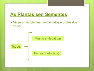 As Plantas sen Sementes
Viven en ambientes moi húmidos e protexidos
do sol.
Musgo e Hepáticas
Fentos (helechos)
Tipos
 