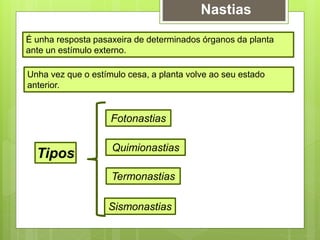 Nastias
É unha resposta pasaxeira de determinados órganos da planta
ante un estímulo externo.
Unha vez que o estímulo cesa, a planta volve ao seu estado
anterior.
Fotonastias
Quimionastias
Termonastias
Sismonastias
Tipos
 