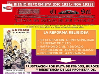 EL BIENIO REFORMISTA (DIC 1931- NOV 1933)EL BIENIO REFORMISTA (DIC 1931- NOV 1933)
LA REFORMA RELIGIOSA
-- SECULARIZACIÓN, ACONFESIONALIDAD
Y LIBERTAD DE CULTO
-- MATRIMONIO CIVIL Y DIVORCIO
-- PROHIBICIÓN DE ÓRDENES RELIGIOSAS
-- PROHIBICIÓN DE LA ENSEÑANZA
LA REFORMA RELIGIOSA
-- SECULARIZACIÓN, ACONFESIONALIDAD
Y LIBERTAD DE CULTO
-- MATRIMONIO CIVIL Y DIVORCIO
-- PROHIBICIÓN DE ÓRDENES RELIGIOSAS
-- PROHIBICIÓN DE LA ENSEÑANZA
FRUSTRACIÓN POR FALTA DE FONDOS, BUROCRA
Y RESISTENCIA DE LOS PROPIETARIOS.
FRUSTRACIÓN POR FALTA DE FONDOS, BUROCRA
Y RESISTENCIA DE LOS PROPIETARIOS.
 