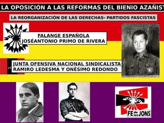 LA OPOSICIÓN A LAS REFORMAS DEL BIENIO AZAÑISTLA OPOSICIÓN A LAS REFORMAS DEL BIENIO AZAÑIST
LA REORGANIZACIÓN DE LAS DERECHAS- PARTIDOS FASCISTASLA REORGANIZACIÓN DE LAS DERECHAS- PARTIDOS FASCISTAS
JUNTA OFENSIVA NACIONAL SINDICALISTA
RAMIRO LEDESMA Y ONÉSIMO REDONDO
FALANGE ESPAÑOLA
JOSÉANTONIO PRIMO DE RIVERA
 