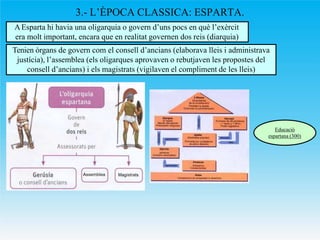 3.- L’ÈPOCA CLASSICA: ESPARTA.
AEsparta hi havia una oligarquia o govern d’uns pocs en què l’exèrcit
era molt important, e...