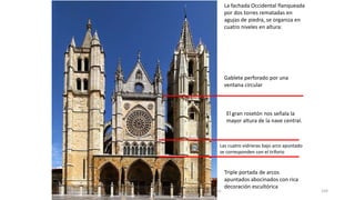 Antonio Casquet Chacón, Ave María Casa Madre
La fachada Occidental flanqueada
por dos torres rematadas en
agujas de piedra, se organiza en
cuatro niveles en altura:
Gablete perforado por una
ventana circular
El gran rosetón nos señala la
mayor altura de la nave central.
Las cuatro vidrieras bajo arco apuntado
se corresponden con el triforio
Triple portada de arcos
apuntados abocinados con rica
decoración escultórica
104
 