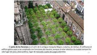 El patio de los Naranjos es el sahn de la antigua mezquita Mayor, o aljama, de Isbiliya. Al edificarse el
edificio gótico pasó a ser empleado con funciones de claustro, aunque al estar abierto a la ciudad siempre ha
sido lugar de paso, plaza pública, lugar de mercado y patio de juegos infantilesAntonio Casquet Chacón, Ave María Casa Madre 129
 