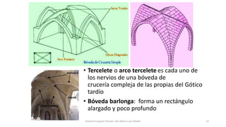 Antonio Casquet Chacón, Ave María Casa Madre 14
• Tercelete o arco tercelete es cada uno de
los nervios de una bóveda de
crucería compleja de las propias del Gótico
tardío
• Bóveda barlonga: forma un rectángulo
alargado y poco profundo
 