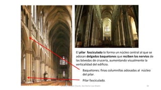 Antonio Casquet Chacón, Ave María Casa Madre
El pilar fasciculado lo forma un núcleo central al que se
adosan delgados baquetones que reciben los nervios de
las bóvedas de crucería, aumentando visualmente la
verticalidad del edificio.
Baquetones: finas columnillas adosadas al núcleo
del pilar.
Pilar fasciculado.
20
 