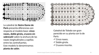 Antonio Casquet Chacón, Ave María Casa Madre
La catedral de Notre Dame de
París presenta diferencias con
respecto al modelo base: cinco
naves, doble girola, crucero sin
sobresalir sobre la anchura de las
naves longitudinales y capillas
entre los contrafuertes.
Este modelo lo denominamos
planta de salón.
45
Catedral de Toledo con gran
parecido en su planta con la de
París:
 Cinco naves.
 Doble girola.
 Crucero inscrito.
 
