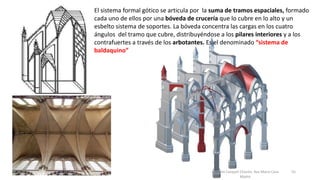 Antonio Casquet Chacón, Ave María Casa
Madre
El sistema formal gótico se articula por la suma de tramos espaciales, formado
cada uno de ellos por una bóveda de crucería que lo cubre en lo alto y un
esbelto sistema de soportes. La bóveda concentra las cargas en los cuatro
ángulos del tramo que cubre, distribuyéndose a los pilares interiores y a los
contrafuertes a través de los arbotantes. Es el denominado “sistema de
baldaquino”
55
 